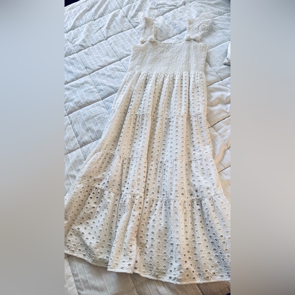 ANTHROPOLOGIE + FIGUE Madi Smocked Embroidered Eyelet Lace Maxi Dress w PomPoms - Picture 6 of 16